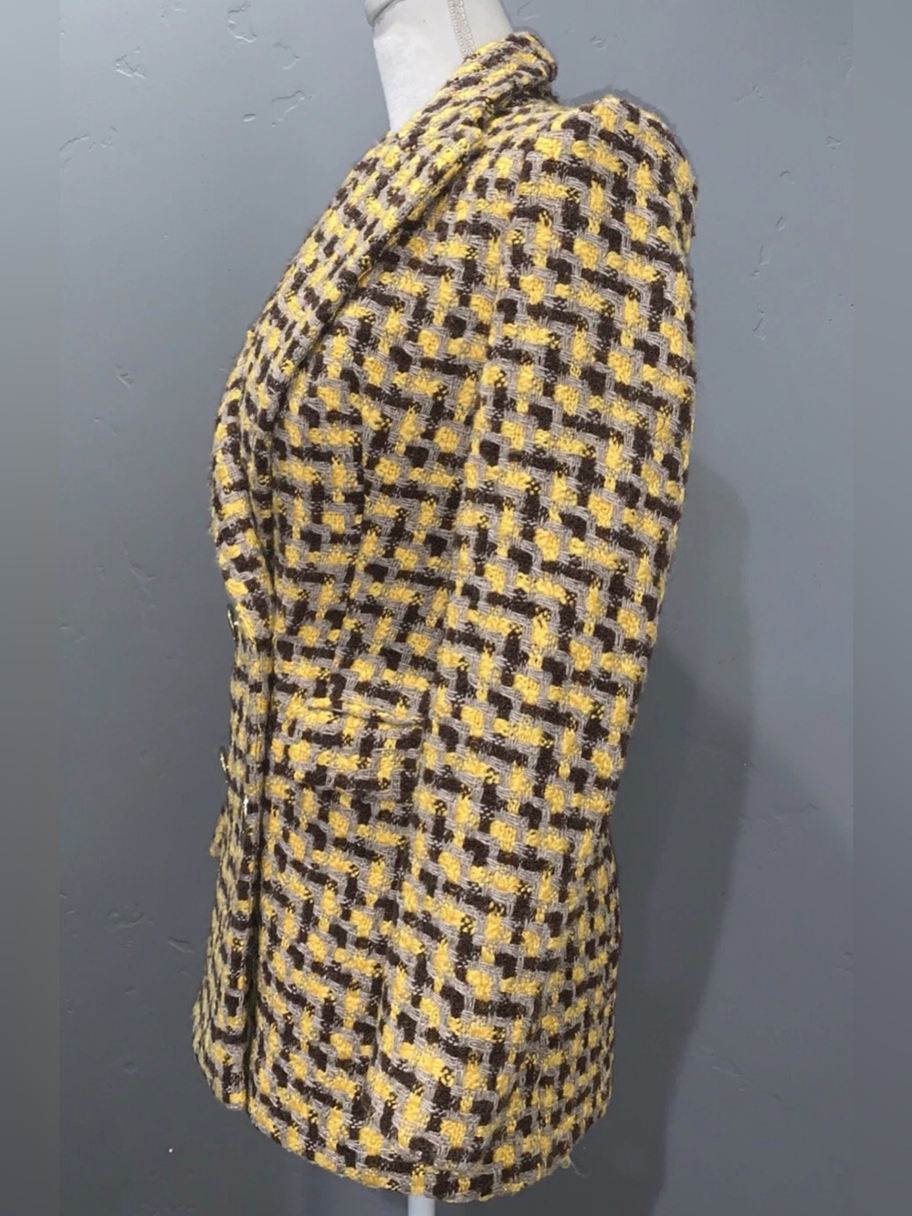 ZARA Textured Tweed Wool Blend Double Breasted Blazer Jacket Small Gold Brown - Picture 8 of 13